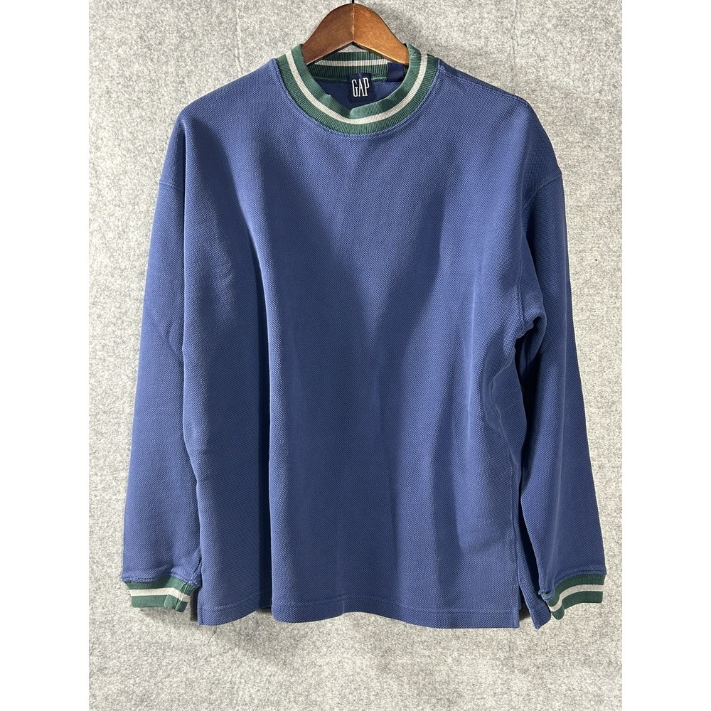 Vintage GAP Sweater Mens M/L Faded Navy Blue Stripe Crewneck Hong Kong 90s Y2K